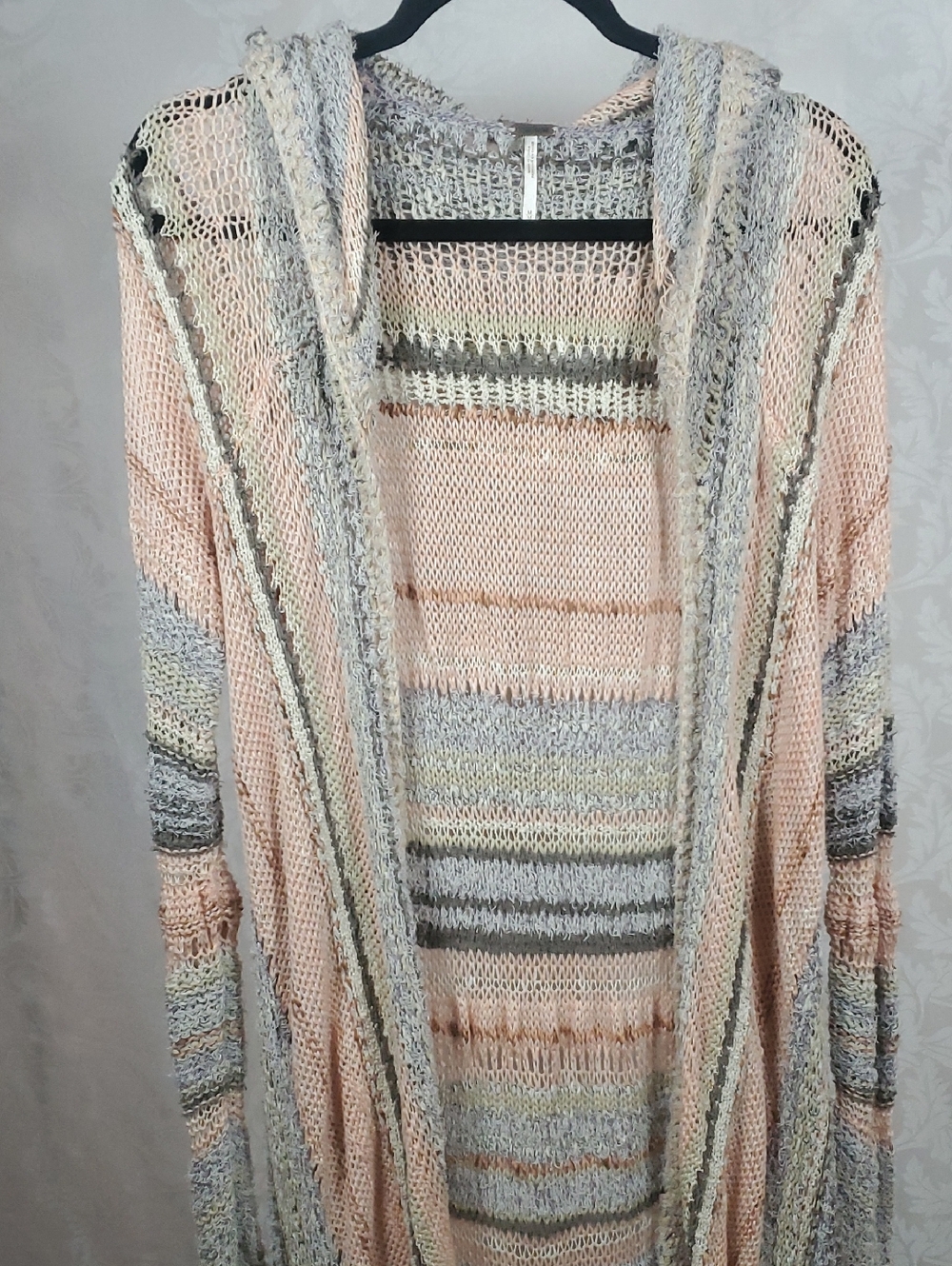 Free People Peach Gray Striped Open-Front Long Cardigan